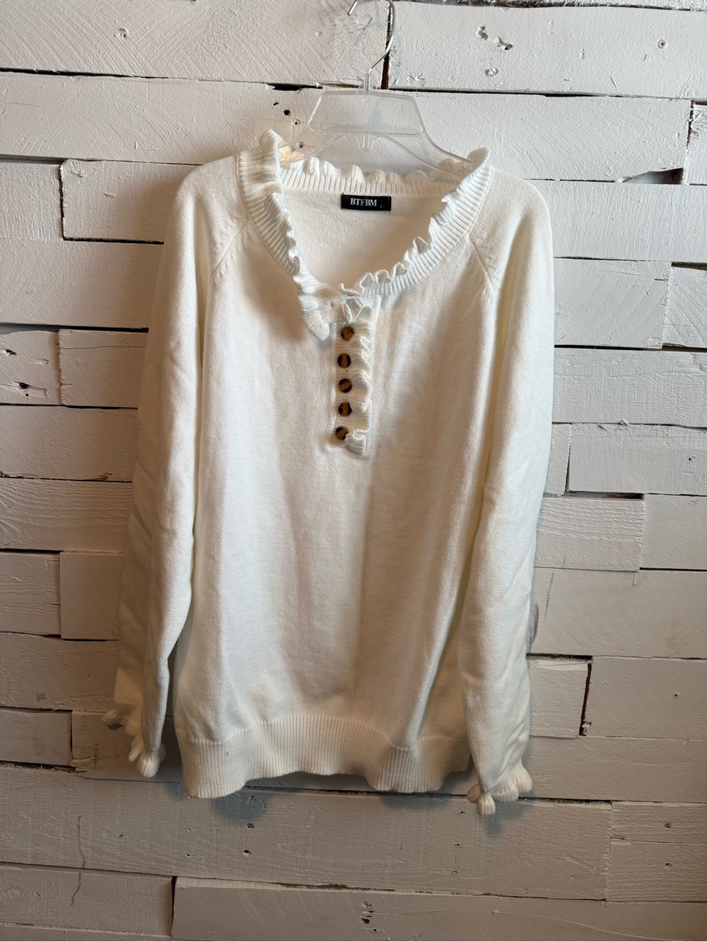 BTFBM Cream Ruffle-Trim Button Knit Top